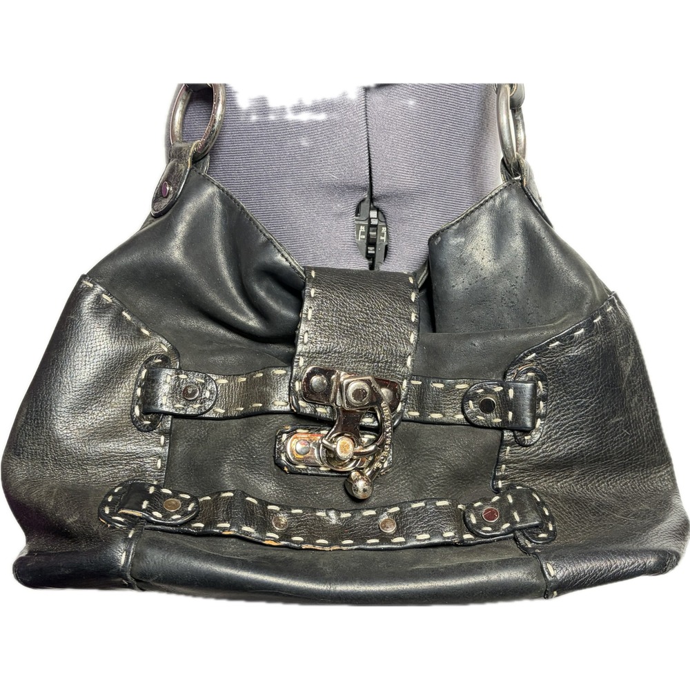 Vtg Y2K BCBG Black Hobo Bag‎ Whipstitch Grunge Rockstar Shoulder Bag DAMAGED